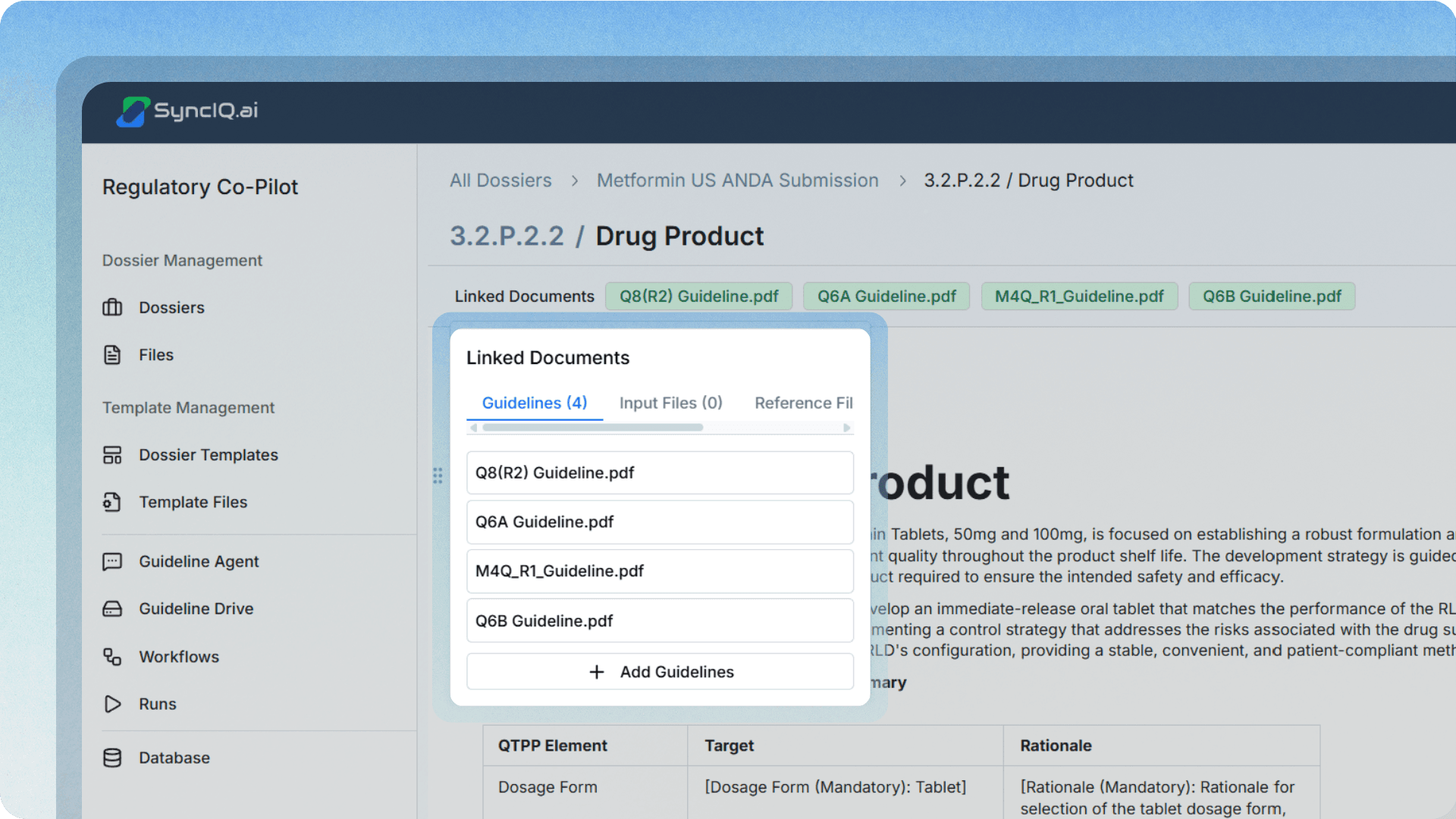 SyncIQ Regulatory Co-Pilot on section 3.2.P.2.2 Drug Product, with a Linked Documents panel listing the guideline PDFs the draft is generated against.