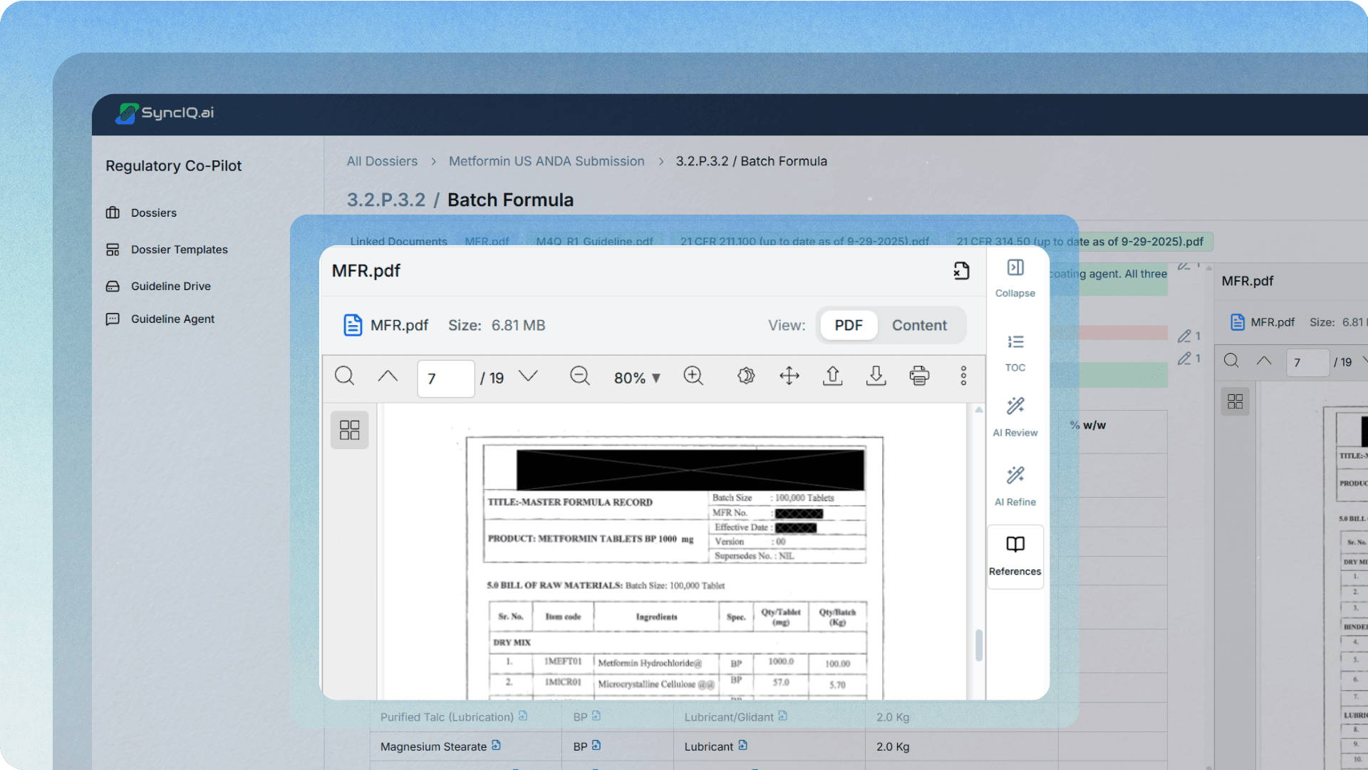 A Batch Formula section in SyncIQ Regulatory Co-Pilot with the source MFR.pdf opened to the exact page backing the drafted values, alongside the References rail.